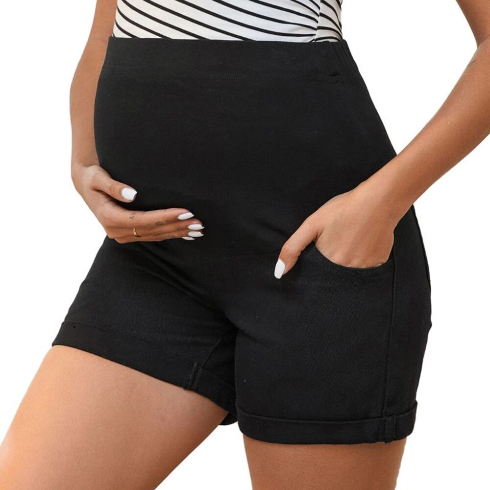 Maternity Over Belly Summer Workout with Pockets Jeans Shorts Black